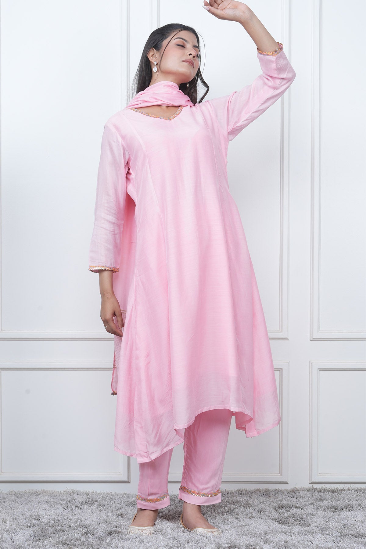 Buy V-Neck Pink Flared Kurta Set by Eesha Gupta for women online at ScrollnShops